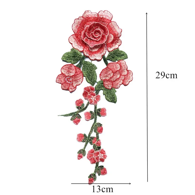 29CM Red Blue Embroidered Sew Patch Rose Flowers 3D Peony Wedding Appliques Lace Trims For Bride Evening Dress DIY Decoration