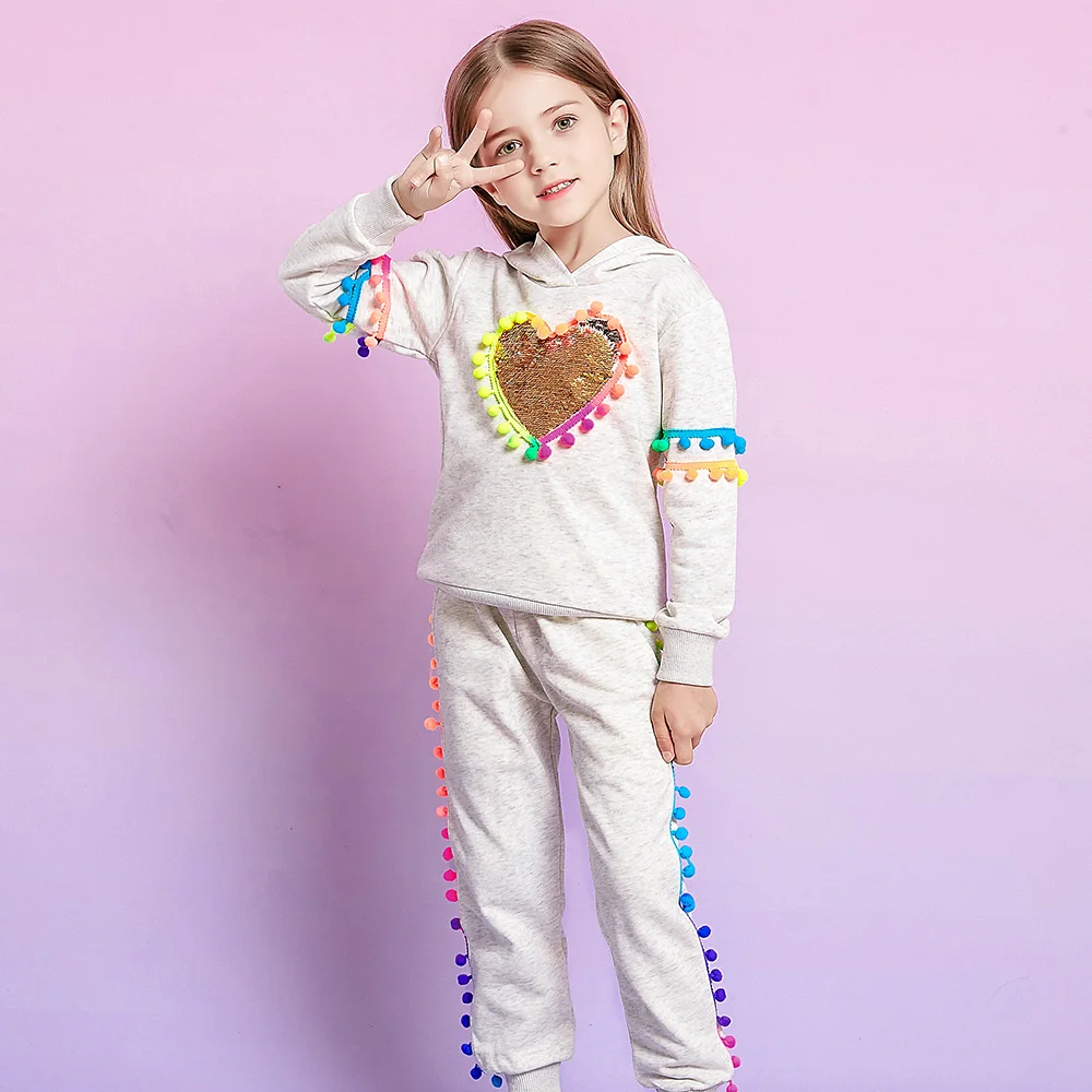 DXTON Girls Autumn Winter Clothing Sets Thick Woolen Hoodied Heart Sequins Tassels Jacket Coat and Pants Kids Warm Clothes Suits