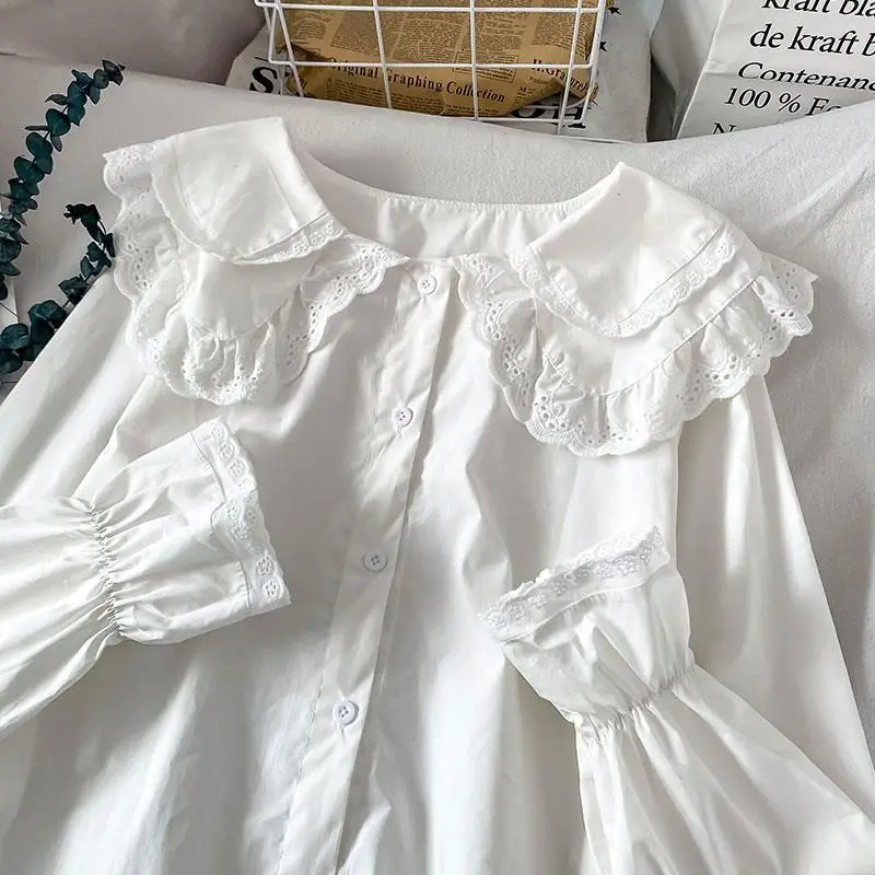 Chemise blanche à manches longues pour femmes, col Pan, Vintage, en dentelle brodée, Chic, décontracté, ample, nouveau, printemps automne