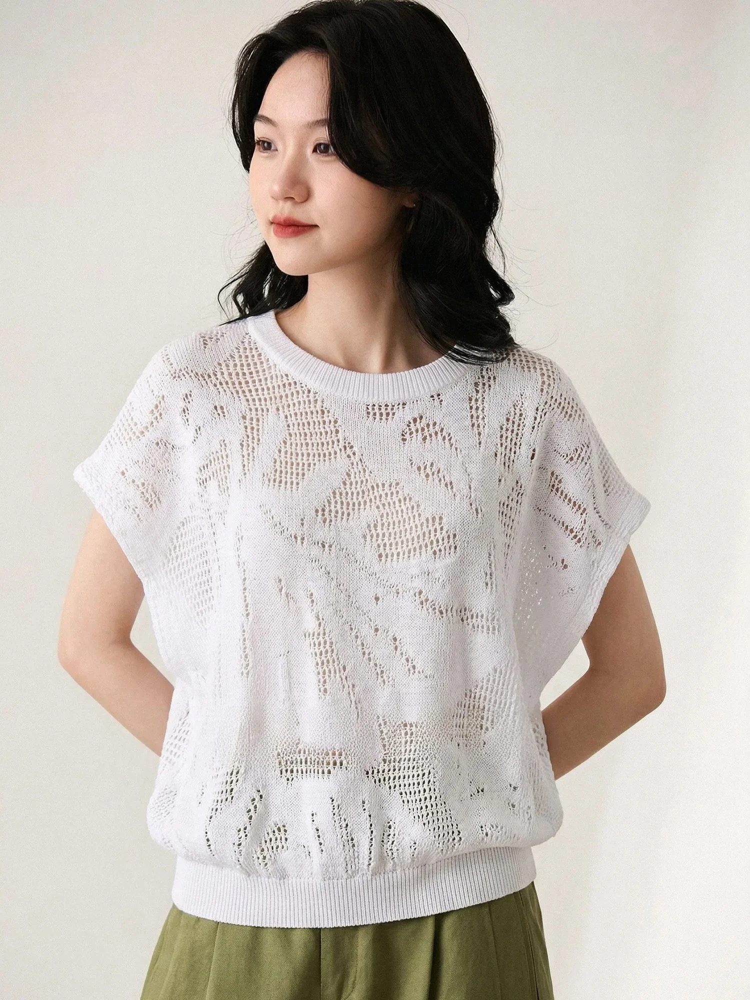 

Льняной вязаный топ Chivirin с короткими рукавами и вырезами, летний легкий повседневный пуловер с круглым вырезом для женщин