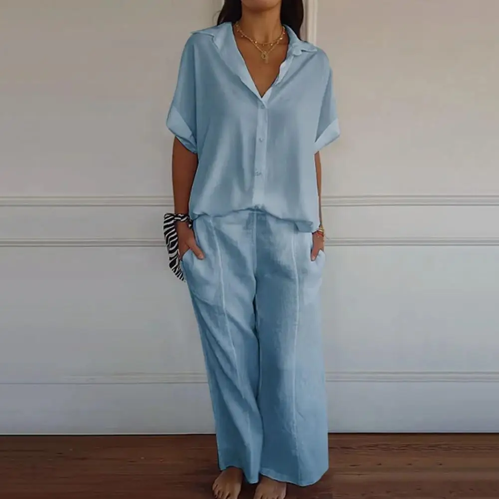 Casual Two-piece Set Women's Solid Color Shirt Pants Set with Turn-down Collar Short Sleeve Top Wide Leg Elastic for Commute