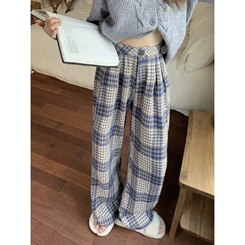 

New Women Pants Vintage Plaid Wool Straight Wide-leg Casual Pants Versatile Dragging Pants Female Streetwear Women