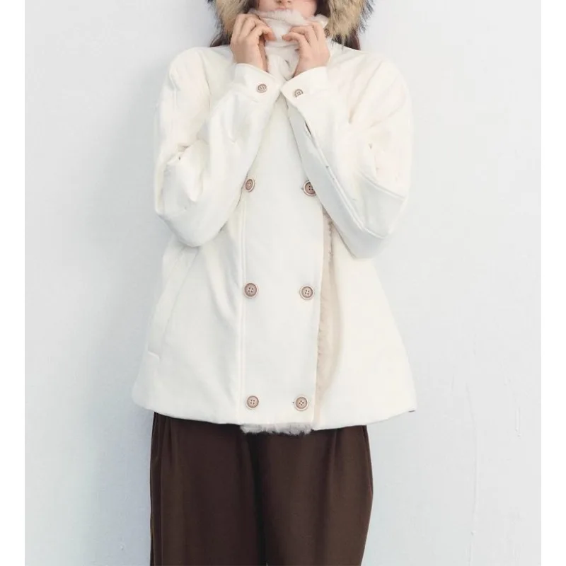 Large Lapel Double-breasted Fluffy Jacket for Women's 2025 Autumn and Winter New Niche Design Loose Plush Thickened Top