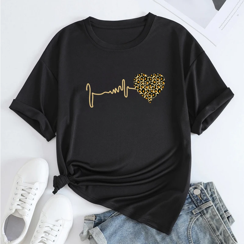 Summer 90's Leopard Heartbeat Short Sleeve Women's Oversized T-Shirt Harajuku Graphic T Shirt Women's Top 100%Cotton Clothes 5XL