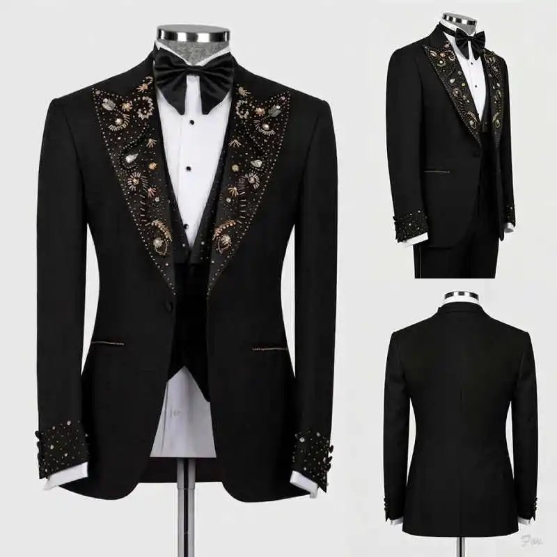 Stunning Gold Beaded Lapel Black 3-Piece Men's Suit Formal Tuxedo Long Sleeve for Wedding Party Gala Prom Event Customized