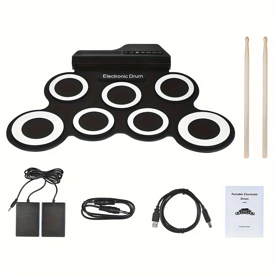 Portable Hand Roll Electronic Drum Foldable Adult Beginner Jazz Mini Floor Drum Practice Tool, USB MIDI Output, Supports Headpho