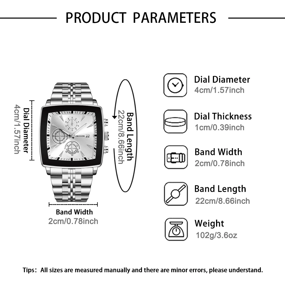 Luxury business square dial men's quartz watch, fashionable stainless steel men's calendar business watch