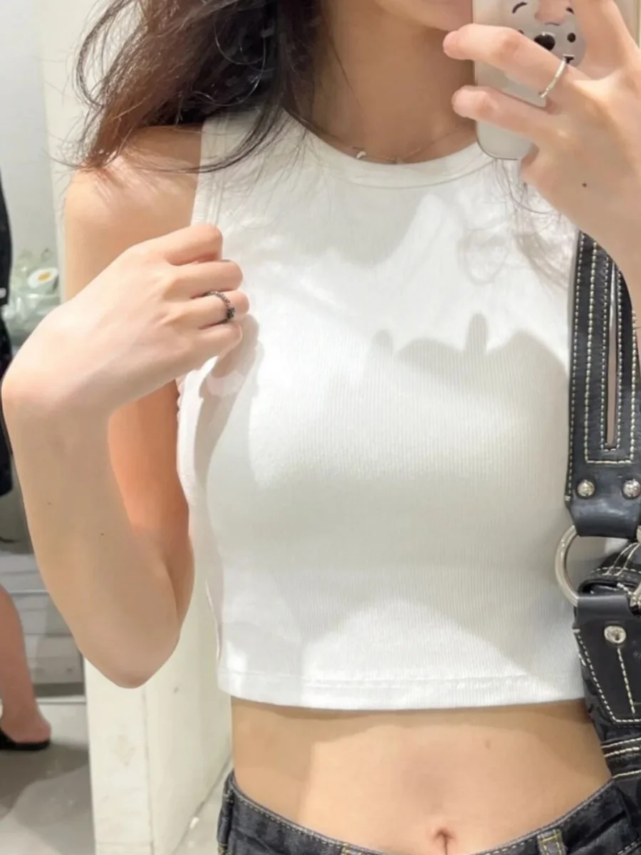 Spicy Girl Summer Outdoor Short Integrated Bra Vest Strap Women Anti Exposure Inner Match Base Top Seamless Ribbed Slim Fit S...