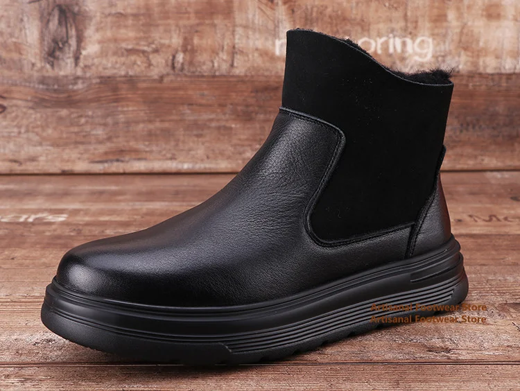 Men's Black Leather Winter Ankle Boots Fleece Lined Warm Slip On Thick Platform Sole Cold Weather Casual Chelsea Booties