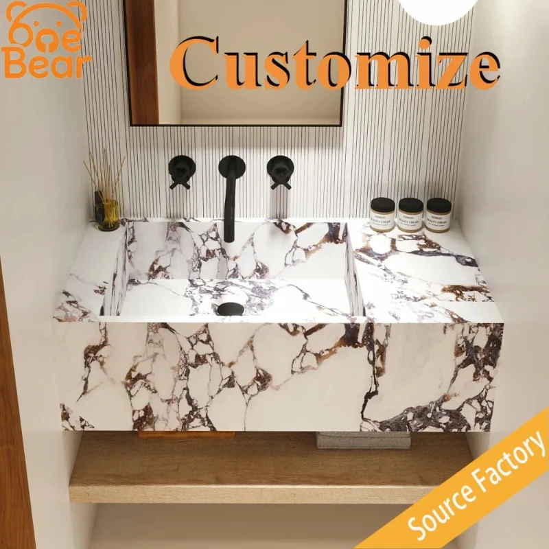 Custom Double Marble Vanity Sink Solid Natural Stone Wash Basin Rectangle Design Hotel Master Bathroom Project