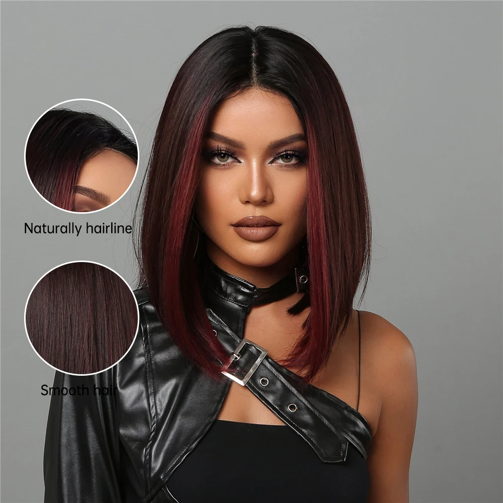 LOUIS FERRE Short Burgundy Highlight Bob Synthetic Wigs for Black Women Middle Part Ombre Red Straight Wig Natural Red Fake Hair