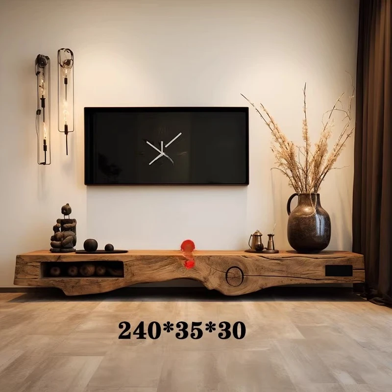 2024 new TV cabinet simple modern wabi sandy wind advanced sense log storage cabinet solid wood locker integrated