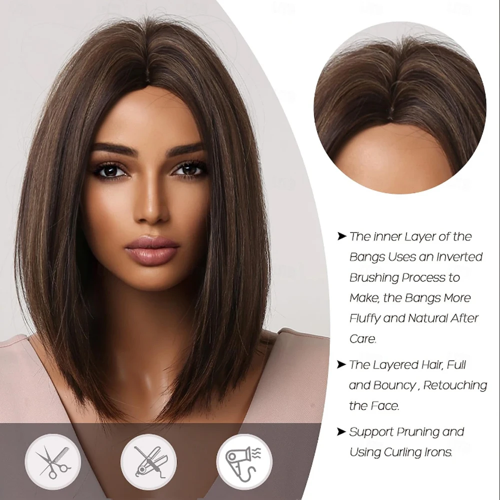 HAIRJOY  Synthetic Hair Wig Bob Wigs for Women Brown  Wig with Highlights,Short Straight Bob Wig  Middle Part  Wigs image 2
