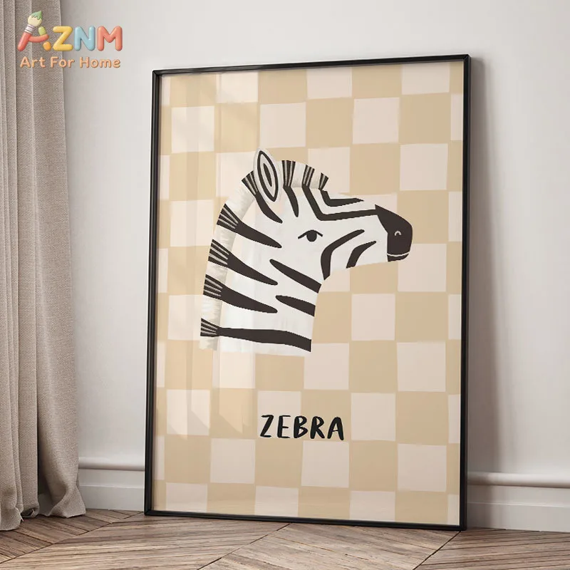 AZNM Boho Checkerboard Safari Animal Canvas Print Lion Elephant Giraffe Zebra Cartoon Animal Name Wall Poster Unframed Kids Nurs