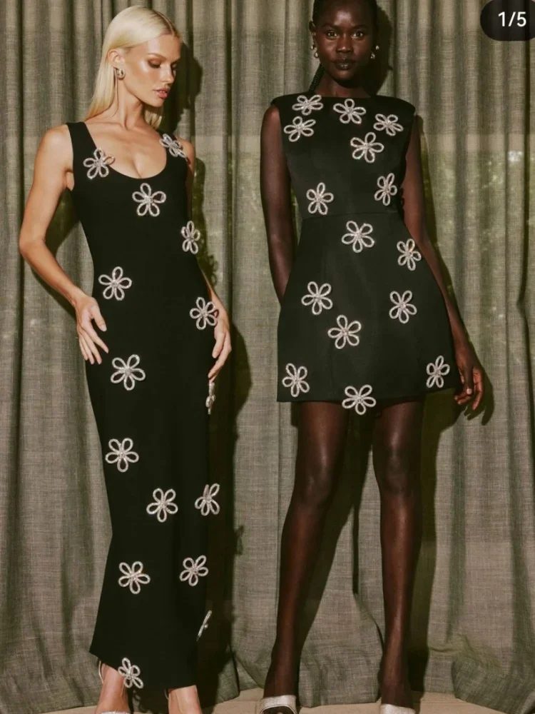 Topkwaliteit Shining Diamond Bloemen Dames Mouwloze O-hals Bodycon Bandage Lange Jurk Vier Avondfeest Runway Outfit