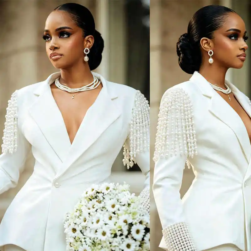 Luxurious Design Women Wedding Tuxedos Customized 2 Pieces Pearls Beads Slim Women Clothing Pants Sets Birthday Party Wear