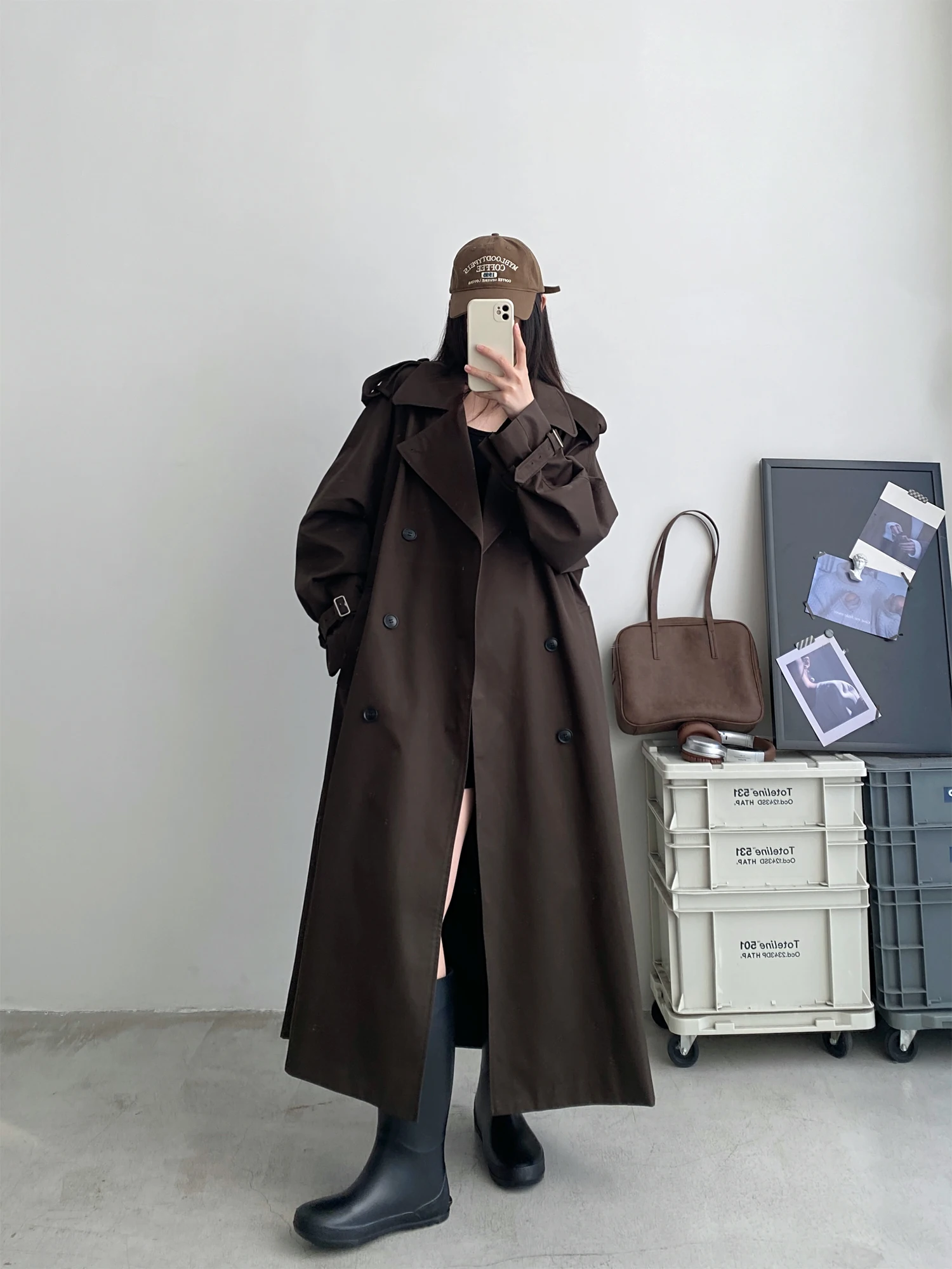 

Women's Long H-ape Coat Simple Large Collar Windbreaker Waist-Cinching Ba Wihield Spring Autumn Seasonal Outerwear