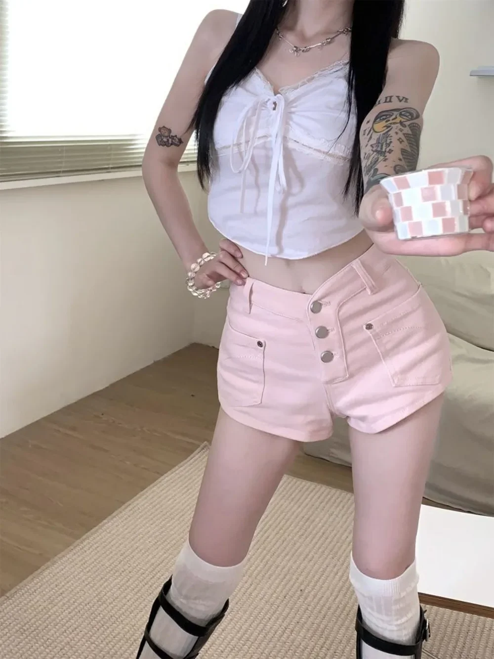 

Harajuku Fashion Button Women's Denim Shorts With Waist Pocket Youthful Female Short Jeans Pants Casual Elegant 2025 XL Clothing