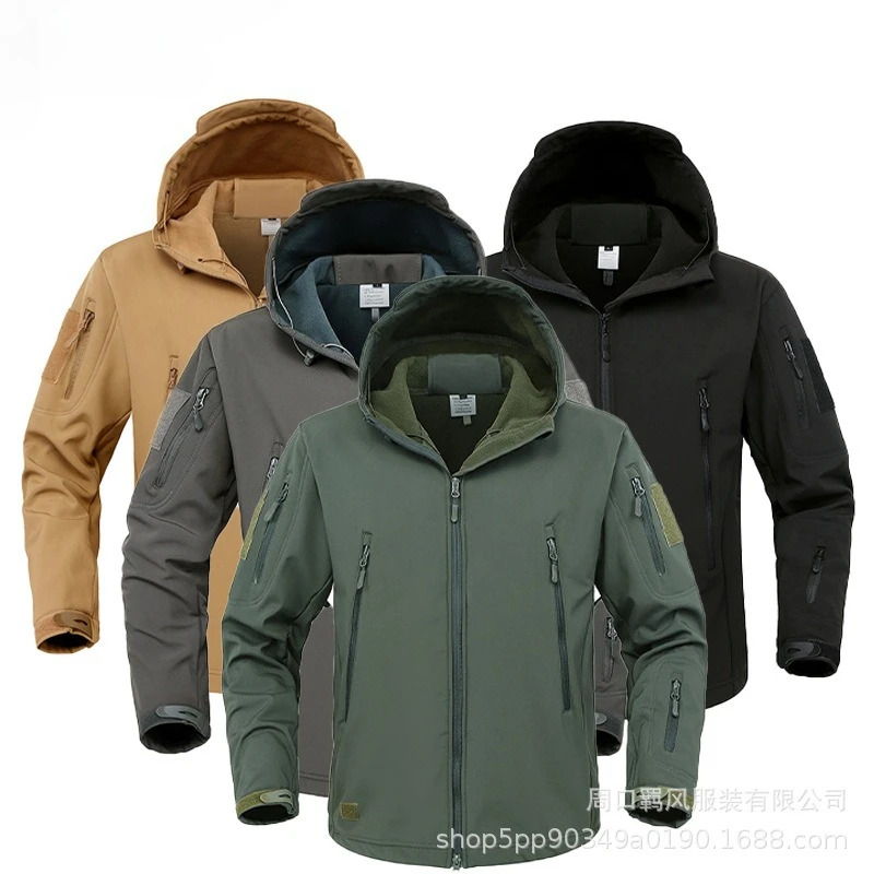 

Мужская уличная куртка из софтшелла из кожи акулы, зимняя водонепроницаемая ветрозащитная куртка на флисовой подкладке, камуфляжная, для пешего туризма, скалолазания