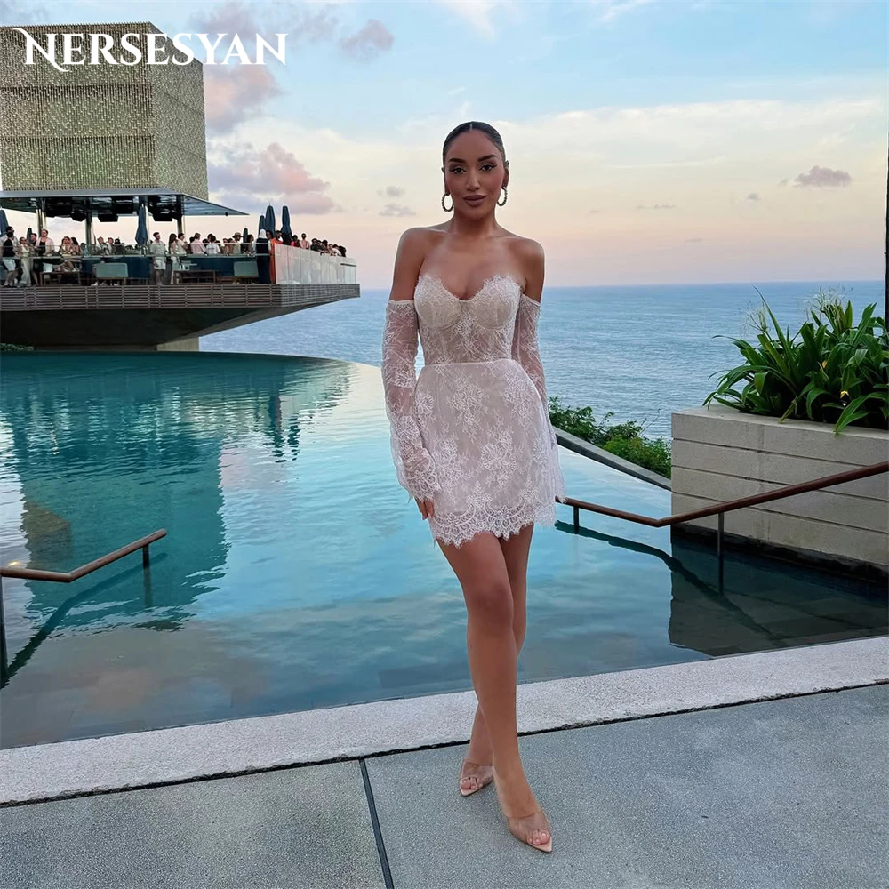 

Nersesyan Bohemia Lace Wedding Dresses Off Shoulder Appliques Long Sleeves Bride Dress 2025 свадебное платье короткое Customized
