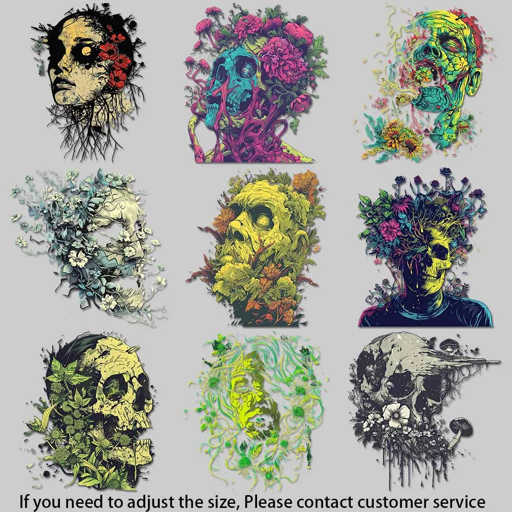Vintage Skull Graphics Dark Floral Illustrations Iron on Transfer Applique for Cloth Vibrant and Long-Lasting Colors DIY Craft