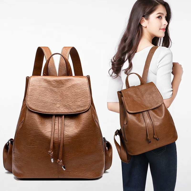 Drawstring Women Backpacks Anti Theft Ladies Travel Bags Leather Girl's School Bags