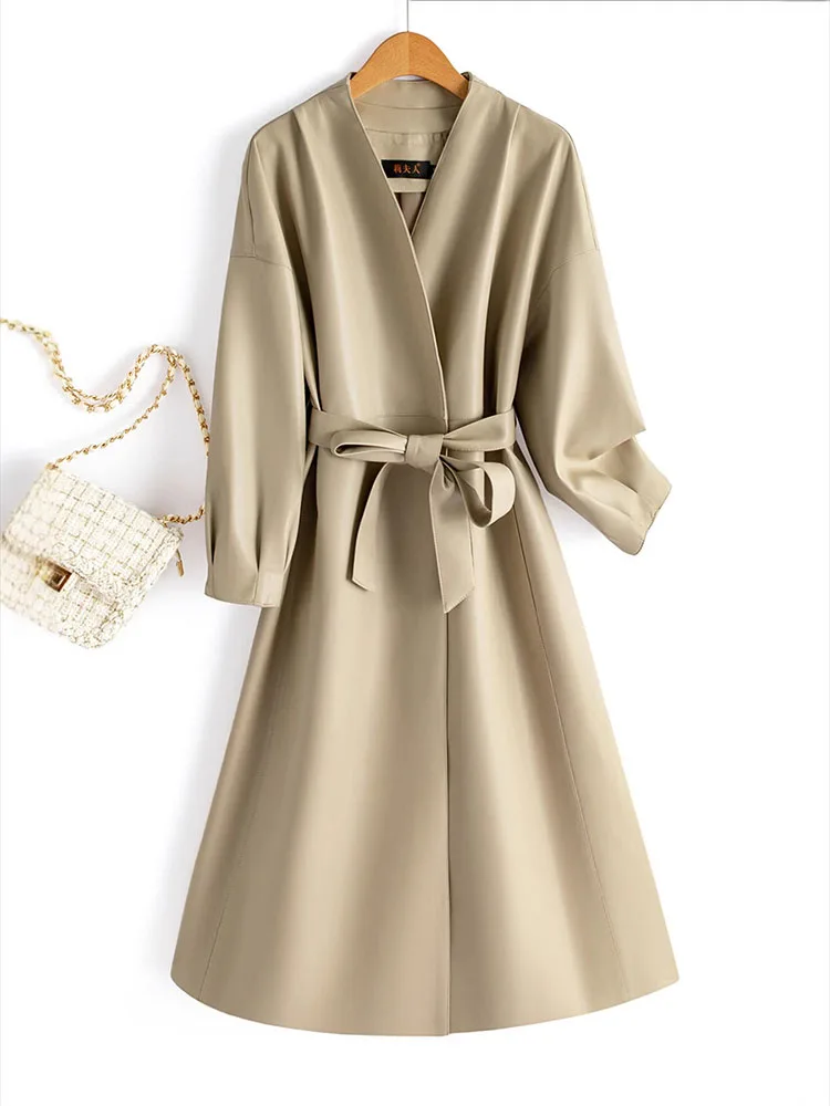 2025 Wiosenny i jesienny skórzany płaszcz z paskiem Średnio długi styl wiatrówki Temperament Moda dojeżdżająca do pracy Płaszcz z dekoltem w szpic
