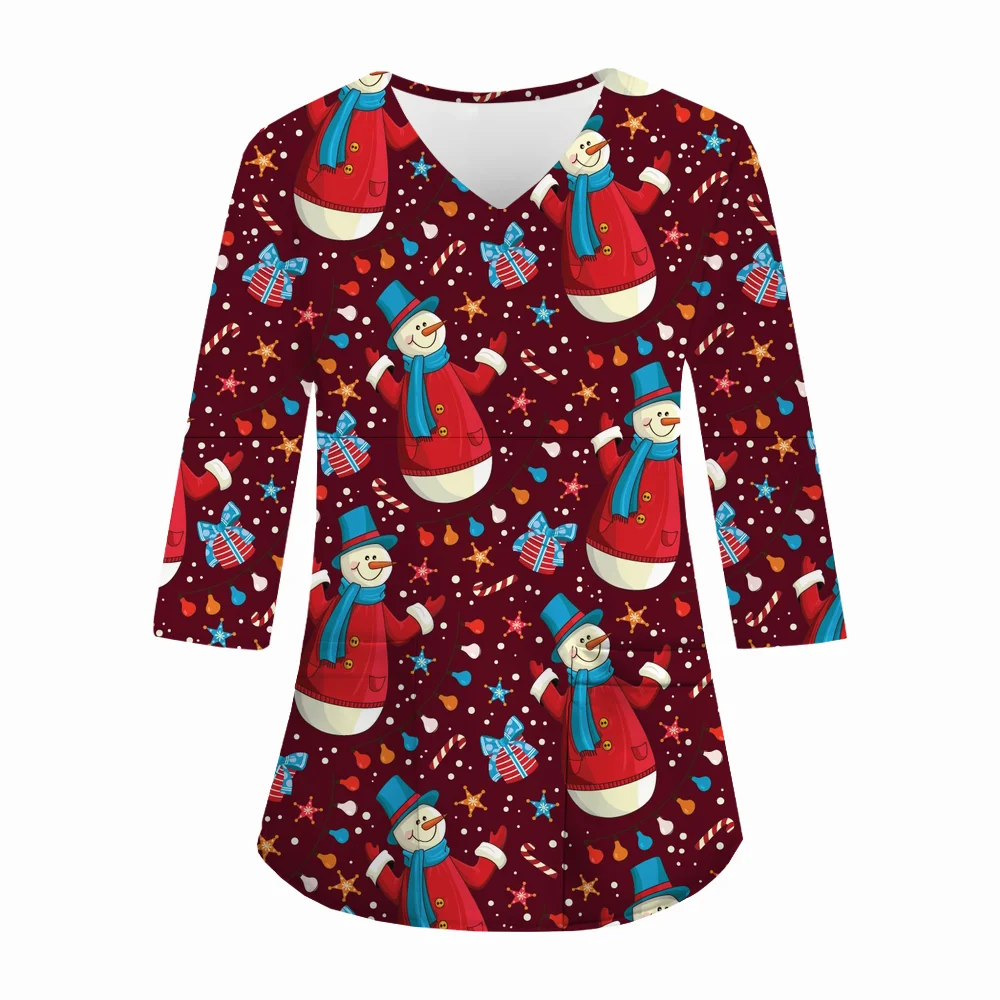 

Christmas Nurse Uniform Woman Cartoon 3D Print Dental Vet Medical Uniform Tops Fashion V-Neck Long Sleeve Clinical Uniform Woman