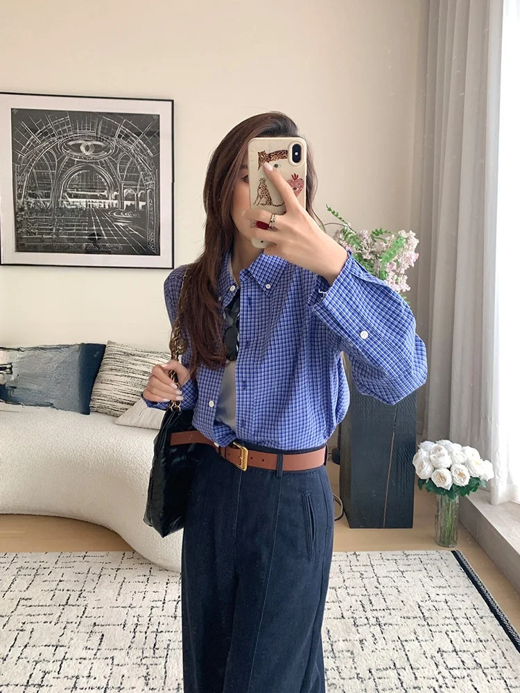 

nt Plaid irt Cheeseandkisses Mu Series walk Reenacent Lazy Layering Inner Wear Cotton Long Sve Women's irt