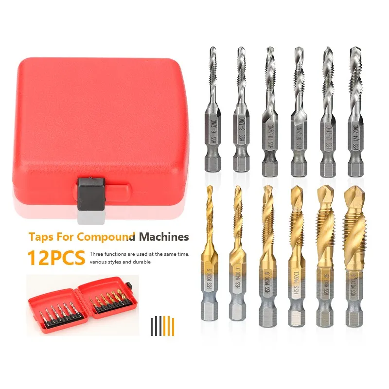 Imagem -02 - Spiral Flute Tap Drill Bit Grupo Linha Composta Parafuso Métrico e nc Revestido de Titânio Ferramentas Manuais Hss 12 Pcs
