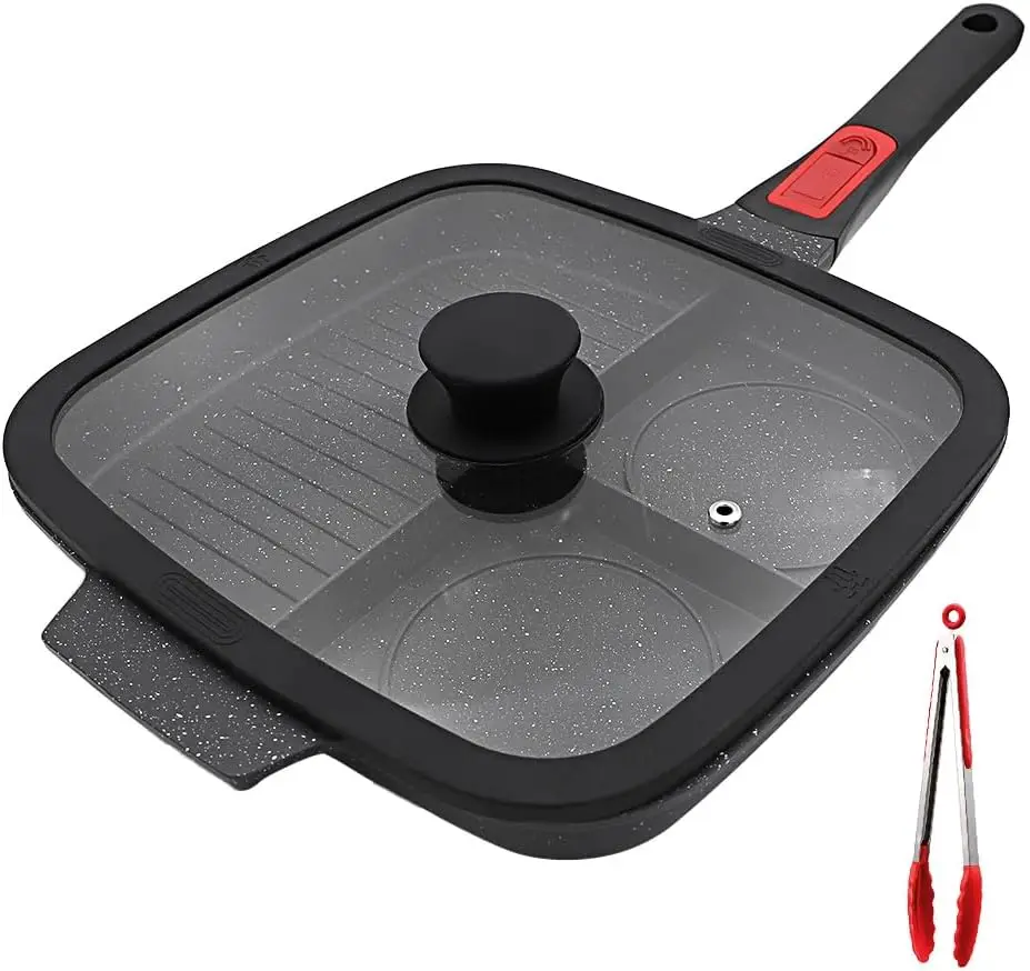 

3 Section Grill Pan for Stove Tops with Detachable Handle, Nonstick Versatile Griddle Pan with Lid, Square Skillet PFOA