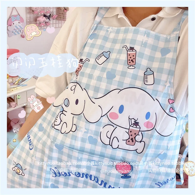 Cute Plaid Sanrio Kuromi Cinnamoroll My Melody Apron Home Kitchen Household Anti Dirt Apron Big Girl Woman Apron