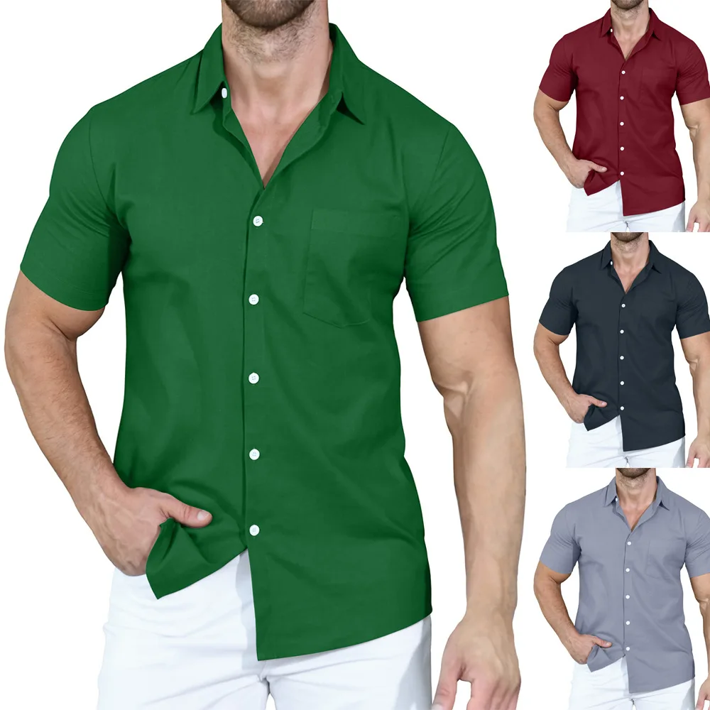 2023 Summer New Men\'s Shirts Cross border Solid Color Polo Button Loose Short Sleeve Shirt for Men