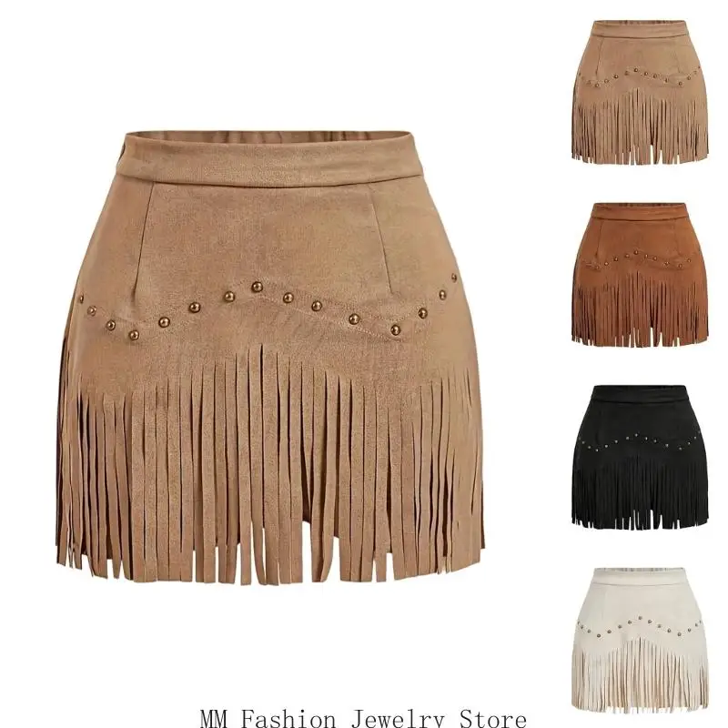 

Women Fringe Skirt with Rivets High Waist Elastic Western Cowgirl Skirts with Zipper Country Concert Outfit D0UB