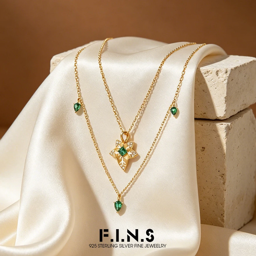 F.I.N.S 925 Sterling Silver Double-Layer Stackable Necklace Green Zircon Leaf Pendant Luxurious Clavicle Chains Fine Jewelry