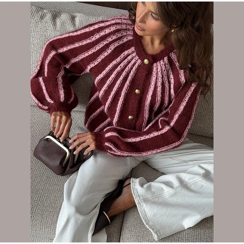 Damen-Strickwaren, gestreift, mit einzelnen Knopfleisten, gestrickte Strickjacke, Herbst, Damen, Rundhalsausschnitt, lange Ärmel, lockere Strickjacken, neue Streetwear – Detail 6