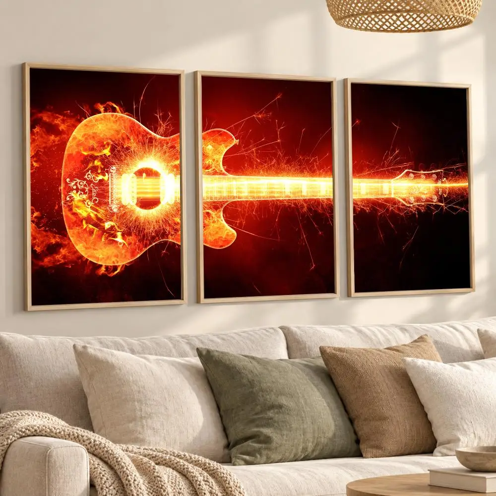 Flaming Guitar Rock Music Painting Calligraphy Canvas Prints Set of 3 Wall Art for Living Room Decor Vintage Fashion Decals