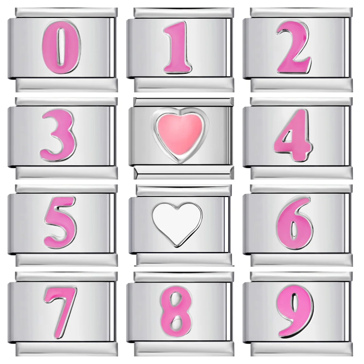 Fashion Pink Glaze Heart Simple Number 0/1/2/3/4/5/6/7/8/9 Italian Link Fit 9mm Stainless Steel Charm Bracelet DIY Making Beads