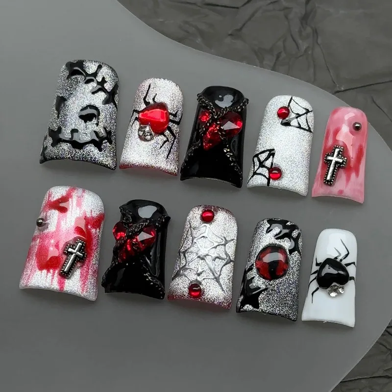 

10PCS Halloween False Nails Spider Pumpkin Ghost Pattern Designs Short Duck Press on Nails Full Cover Wearable Fake Nail