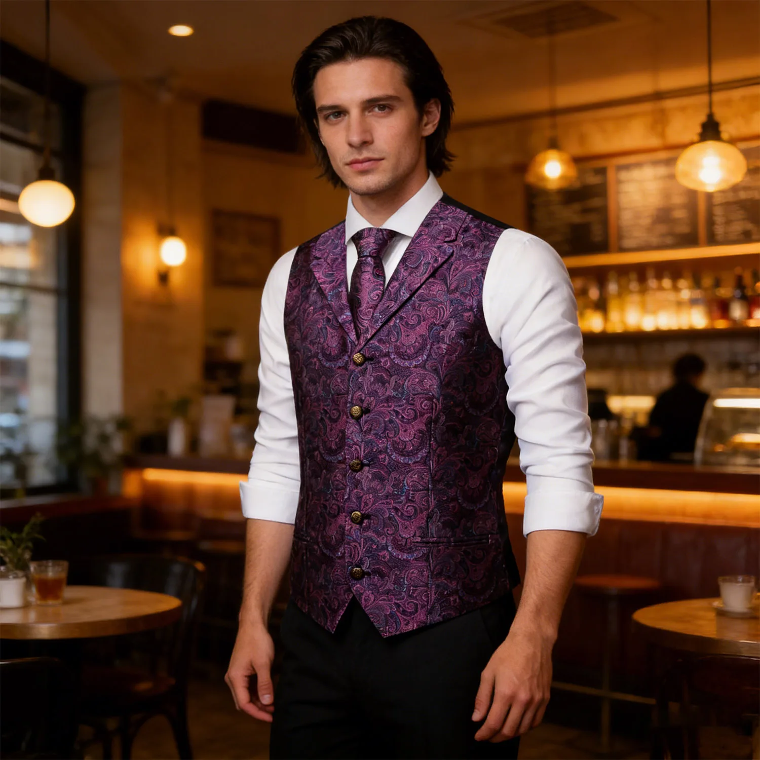 

Мужской жилет фиолетово-красно-серый с цветочным узором, V-образным вырезом, с платком и запонками, для свадьбы, вечеринки, подарка, на каждый день