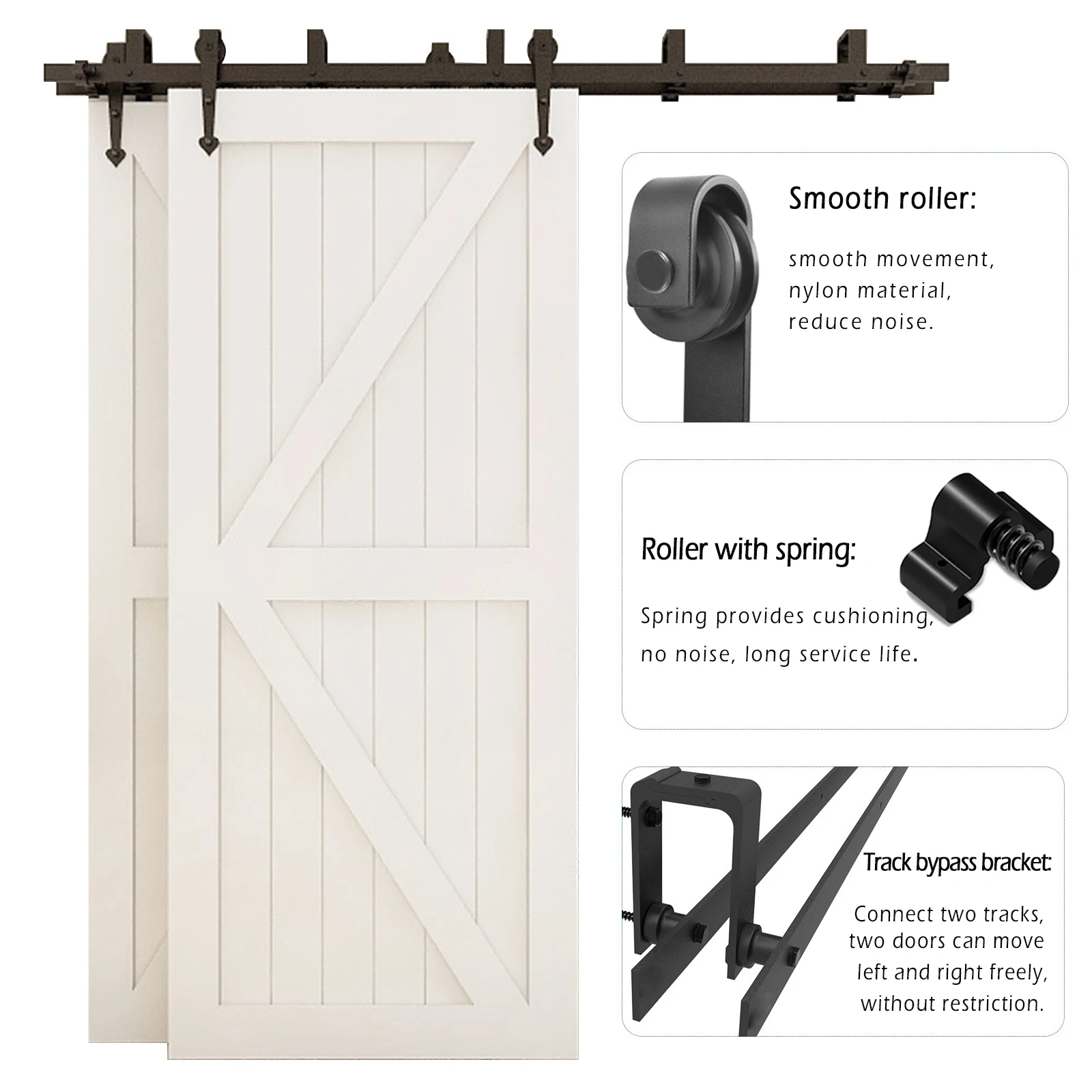 CCJH Bypass Barn Door Slides Hardware Kit, Hanging Rail System, I3 Shaped Roller Track for Double Door, Save Space