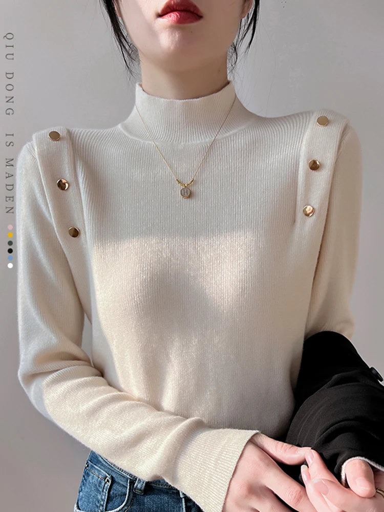 Korean Button Long Sleeve Turtleneck Women Sweater Soft Warm Slim Pullovers Female Sweaters Autumn Winter Knitwear Solid Tops