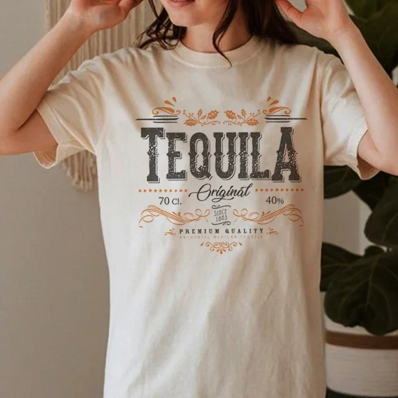 Y2k Short Sleeves Loose T-shirt Women Vintage Tequila T-Shirts Alcohol Drinking Lover Tops Hippie Retro Western Graphic Tees