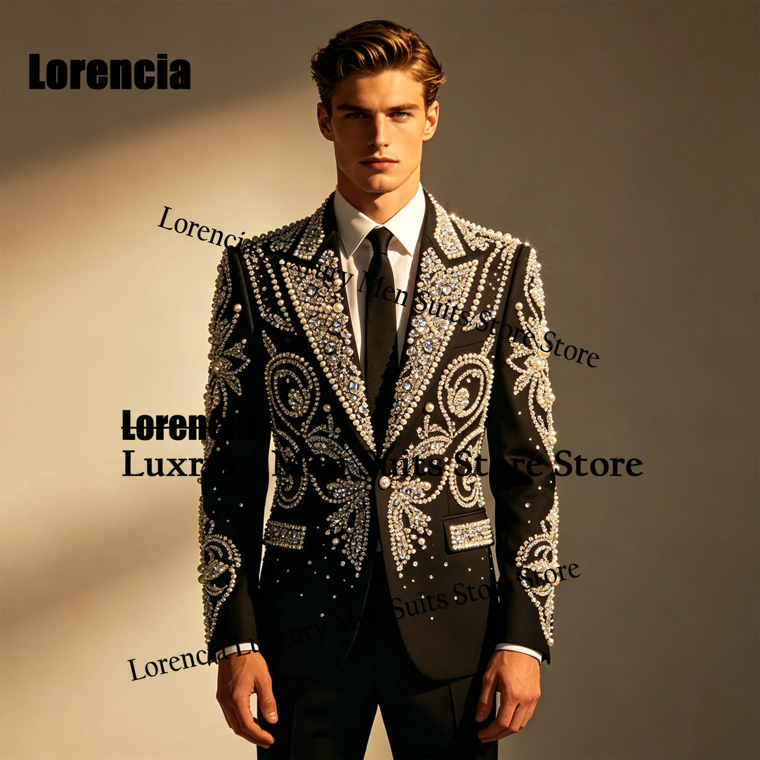 

Customized Diamond Rhinestone Men Suits Luxury Bead Evening Wedding Groom Tuxedos 2 Pieces Set Male Prom Blazer trajes para homb