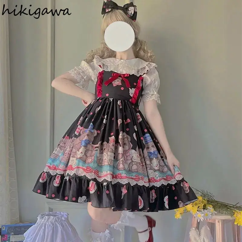 Sukienki w stylu Lolita dla kobiet Śliczny nadruk anime Robe Femme Big Swing Ruffles Słodka japońska letnia sukienka 2024 Vestidos De Mujer