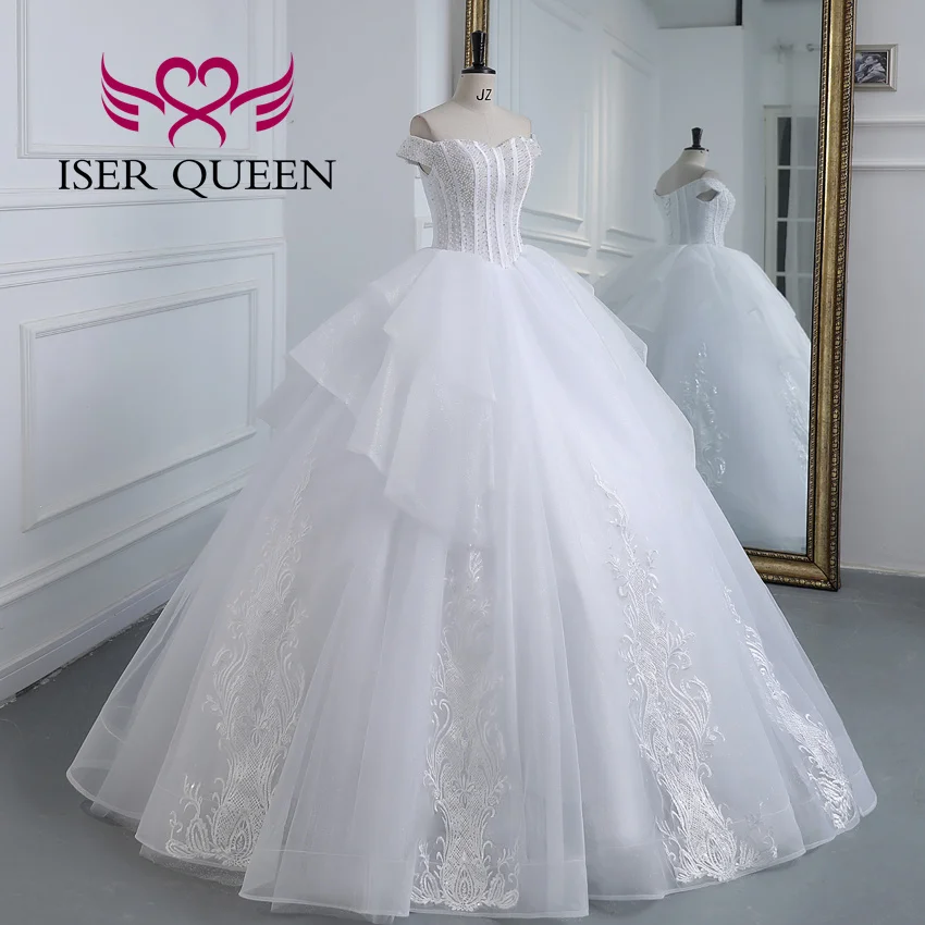 カスタマイズされたクリスタルビーズの花嫁ドレス女性のためのレース刺繍アップリケ夜会服プリンセスウェディングドレスヨーロッパスタイル WX0422