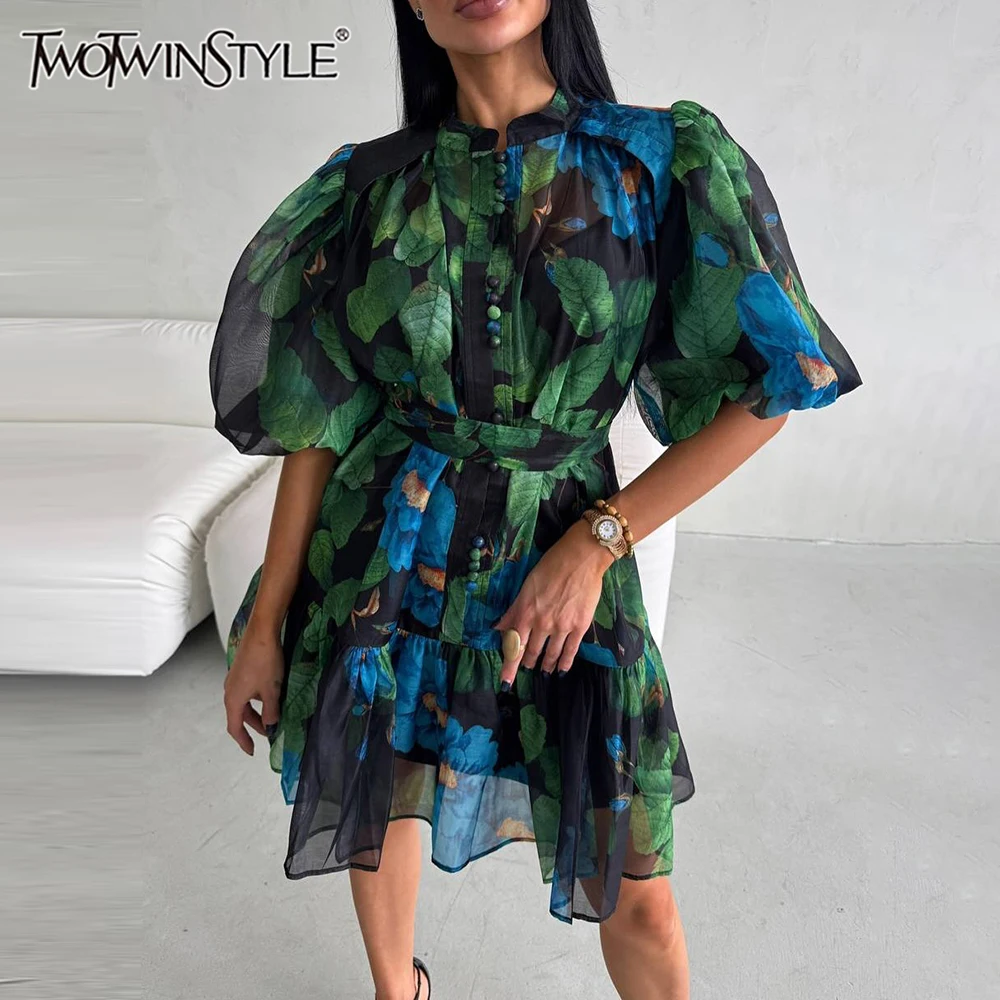 

TWOTWINSTYLE Colorblock Loose Spliced Lace Up Mini Dresses for Women Round Neck Short Sleeves Patchwork Printing Dress Female
