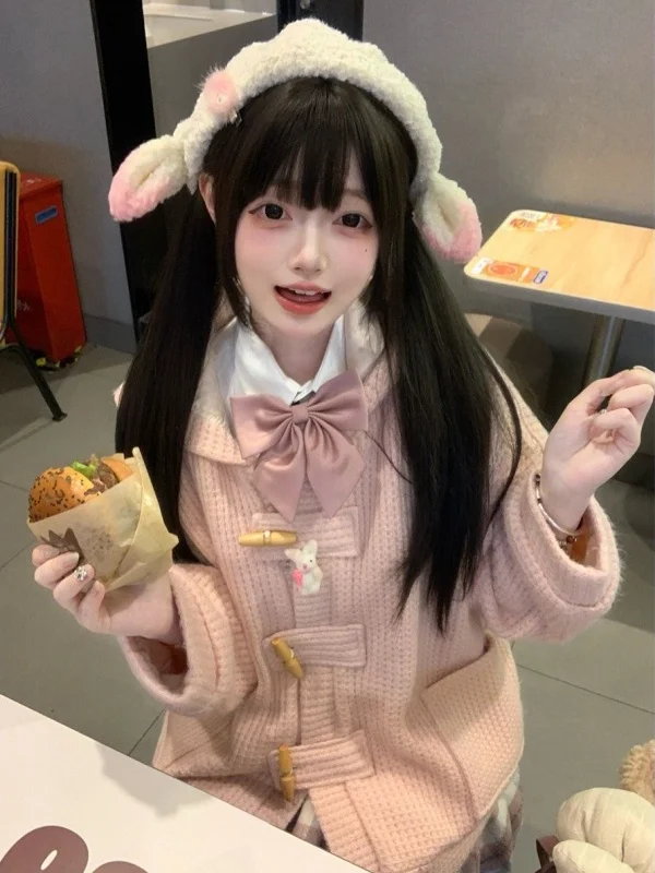 スイートガール 韓国風 秋冬 ボタンアップ カーディガン コート スカート セット ロングスリーブ キュート スタイル オールシーズン対応 ユニバーサルフィット