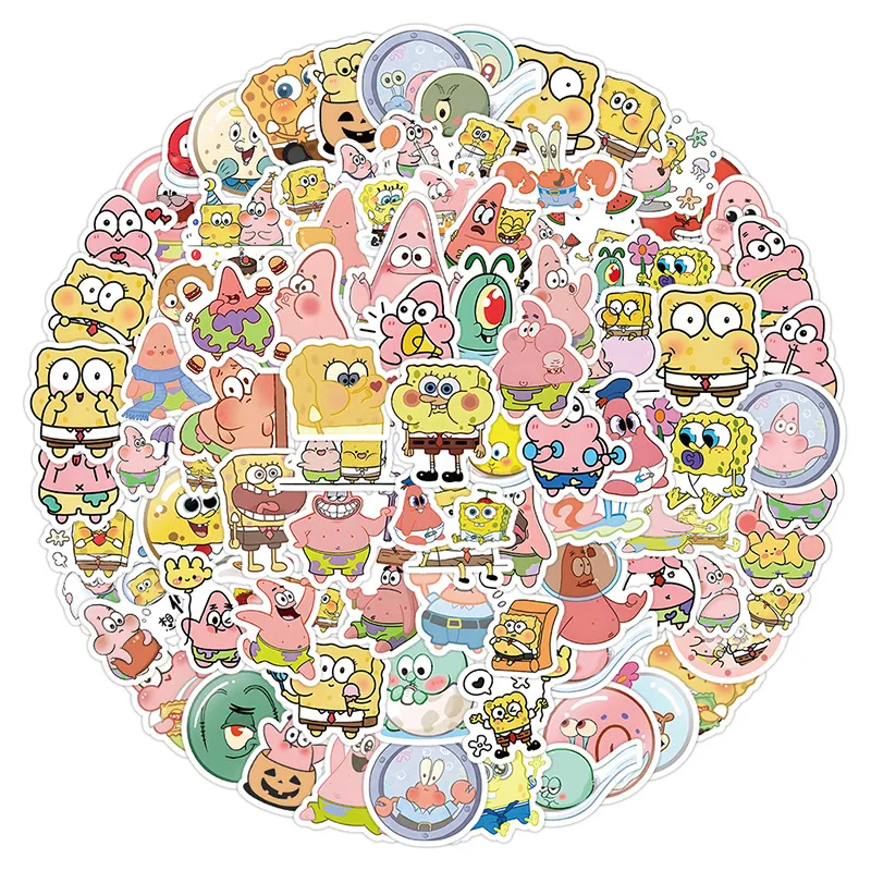 104pcs Kawaii SpongeBob SquarePants Cartoon Graffiti Stickers Luggage Notebook Cartoon Waterproof Sticker Kids Toy Decoration