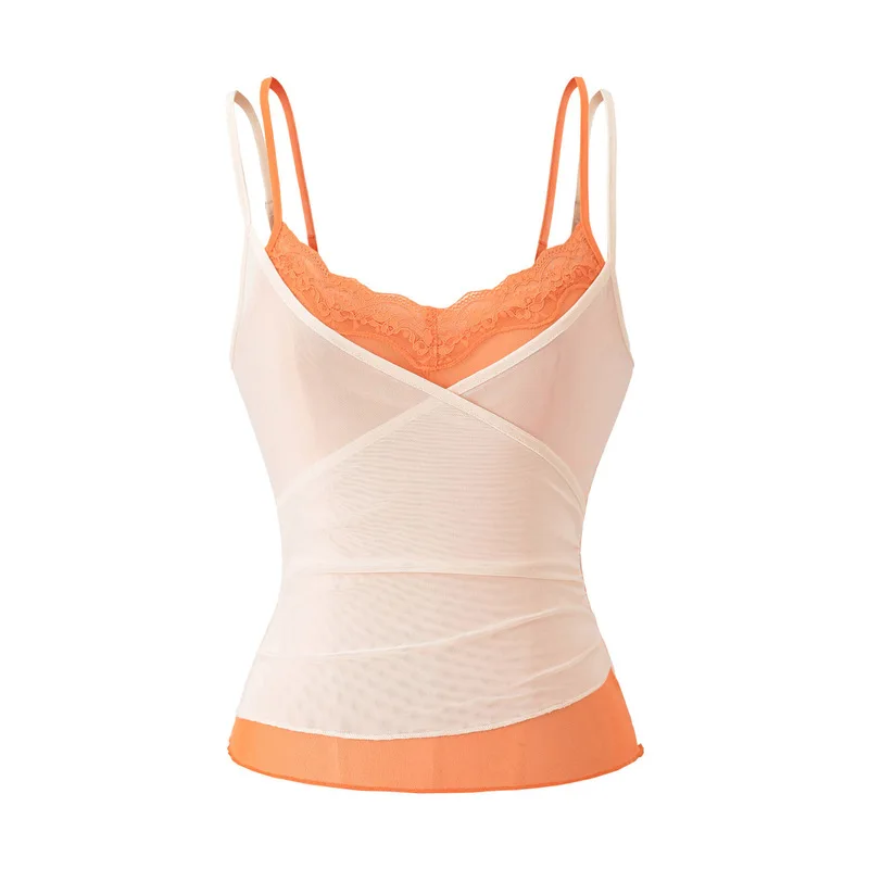 Summer Lace Camisole Women Desire Hot Girl Layered Two Piece Shirt Double Layer Contrast Color Sheer Design Sens